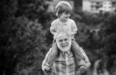 Mutlu aile - büyükbaba ve çocuk yazın çayırda doğada. Mutlu büyükbaba eğleniyor. Havaya fırlatıyor. Aile kavramı.