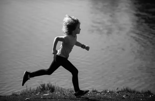 Child Runners Run Park Boy Running Park Summer Nature Outdoor — Stock Photo, Image