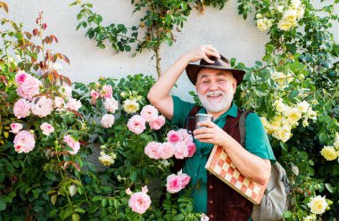 Kıdemli adam bahçesinde dinleniyor. Bahçıvan bahçedeki işinden zevk alıyor.