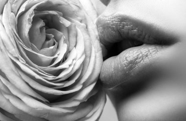 Güzel, çıplak makyajlı ve dolgun dudaklı genç bir kız. Mükemmel doğal dudaklar kapanır. Güllü güzel kadın dudakları