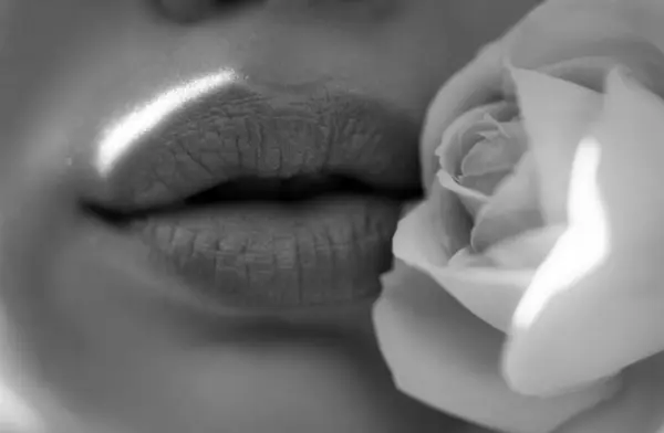 近照妇女的嘴唇与自然妆容 美丽的女人嘴唇和玫瑰 — 图库照片