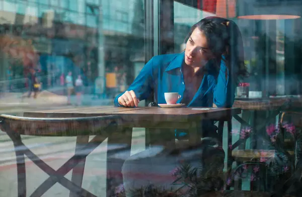Thoughtful Concept Woman Cafe While Gazing Window Glass Alone Girl — Stock Photo, Image