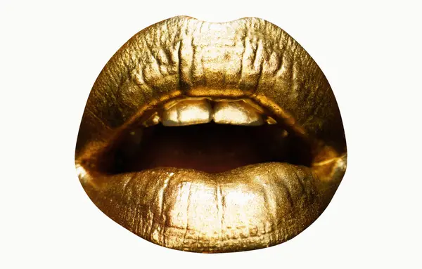 Bela Boca Ouro Mulher Com Lábios Lábios Dourados Sensuais Lábios — Fotografia de Stock