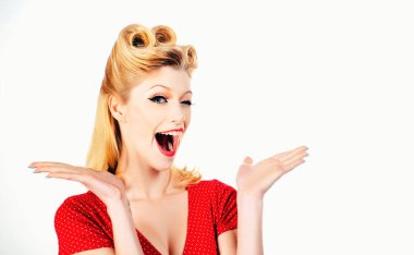 Laughing woman winks. Portrait of happy smiling girl. Confused beautiful woman with questioning gesture. Girl shrugging shoulders, doubts