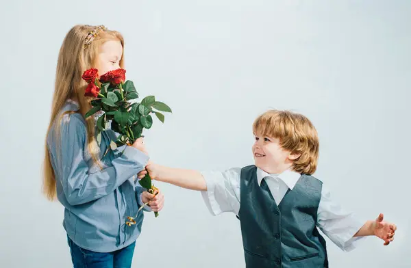 Little Boy Rose His Teen Girlfriend Romantic Children Isolated White —  Fotos de Stock