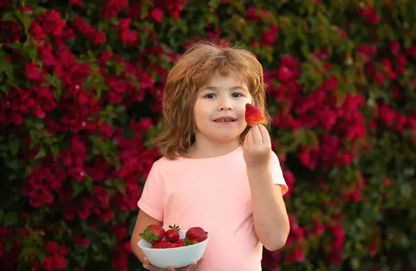 小さな子供は自然の中でイチゴを食べる 子供はおいしいベリーを楽しむ — ストック写真