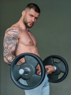Muscular men lifting weights. Powerful male fit model doing workout in gym. Man lifting dumbells, strong athletic fit man doing exercises with dumbbells. Weightlifting workout. Fitness workout