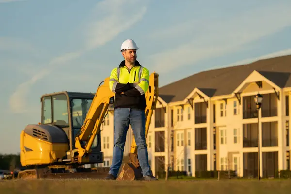 Bauarbeiter Auf Einer Baustelle Bauarbeiter Mit Bagger Bereit Haus Bauen — Stockfoto