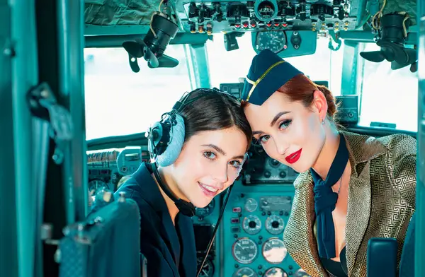Two Women Pilots Sitting Cabin Modern Aircraft Smiling Stewardess Aircraft — Stock Photo, Image