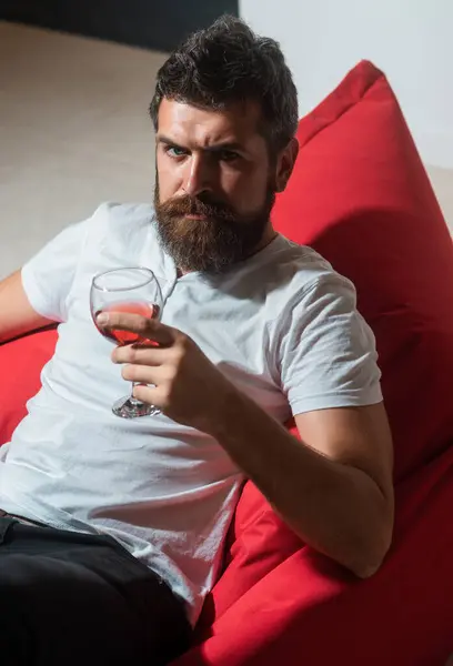 Celebrate Alone Bearded Man Wine Home Alone Party Hipster Alcohol — Stock Photo, Image