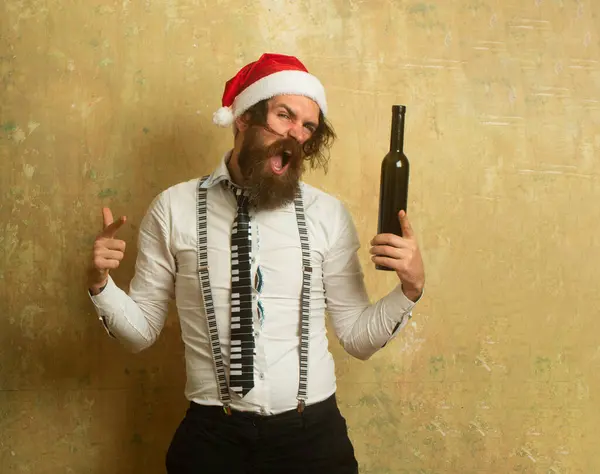 Emocionado Divertido Santa Borracho Hombre Hipster Borracho Mal Santa Claus — Foto de Stock