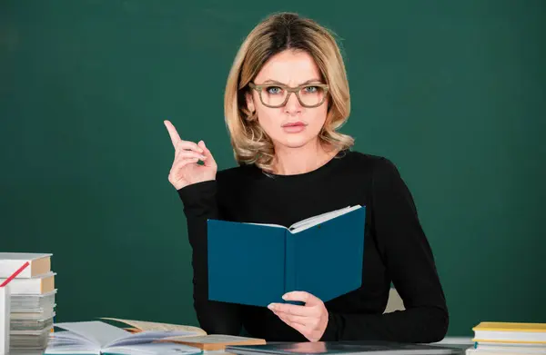 Young Female Teacher Business Woman Books Chalkboard Classroom — Stock fotografie