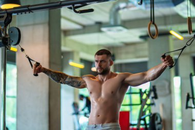 Muscular men lifting weights. Powerful male fit model doing workout in gym. Man lifting dumbells, strong athletic fit man doing exercises with dumbbells. Weightlifting workout. Fitness workout