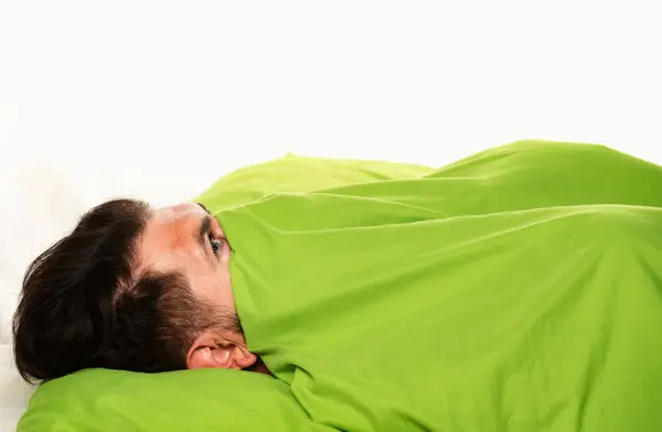 Sexual Potency Imitating Erection Young Man Bed Trying Sleep Bored — Stock Photo, Image