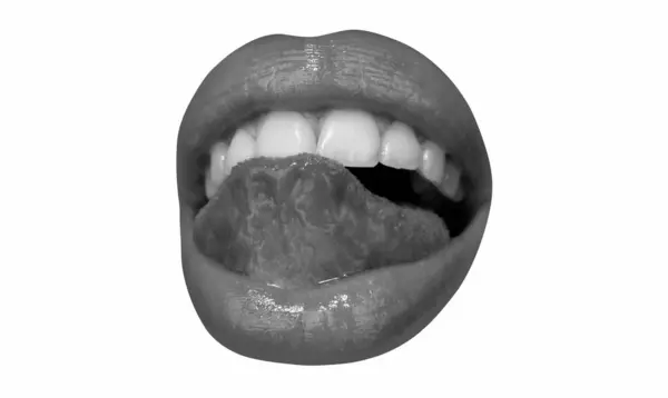 芸術の赤い唇 セクシーな女性は口を開けて 舐めて 舌を突き出す 官能的な女性の唇の形 — ストック写真
