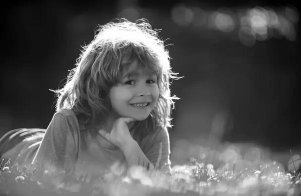Porträt Eines Fröhlich Lachenden Kindes Das Sommer Naturpark Auf Gras — Stockfoto