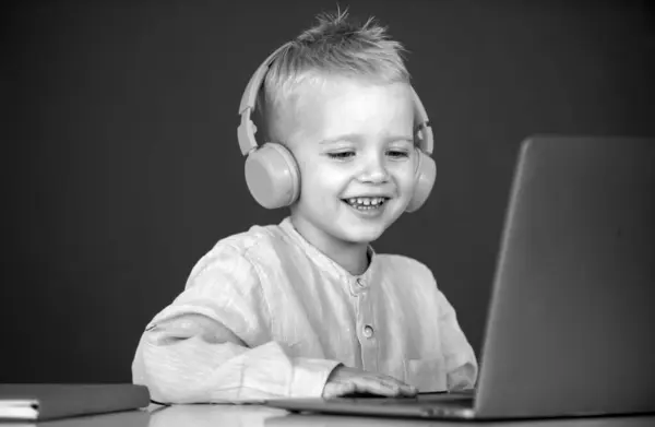 Söt Liten Barn Med Bärbar Dator Unge Pojke Studerar Genom — Stockfoto