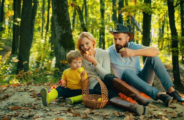 Sonbahar aile kamp Park ve yeme elma. Aktif kişi ve mutlu aile kavramı. Açık havada. Kamp çocuklar ve ebeveynler ile sonbahar. Mutlu aile kavramı