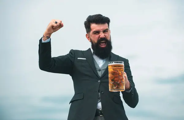 Happy Elegant Man Drinking Beer Excited Brewer Holding Glass Beer — Stock Photo, Image