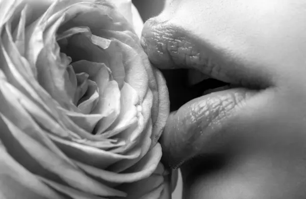 Labios Con Beso Cerca Hermosos Labios Mujer Con Rosa —  Fotos de Stock