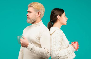 Morning drinks. Couple drinking tea. Morning cup, coffee mug, people on isolated background with copy space