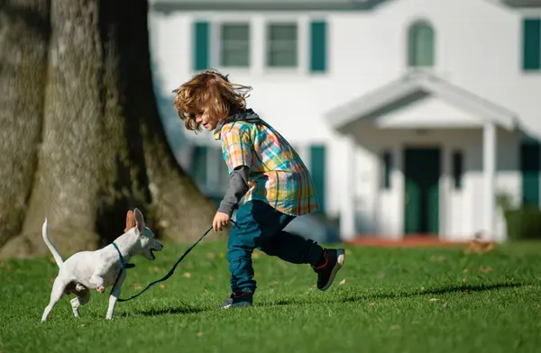 子供と子犬 ベストフレンドの少年と子犬休憩し 休暇で楽しんでください ハッピー チャイルド — ストック写真