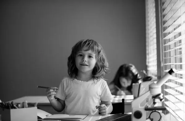 Cute Pupil Writing Desk Classroom Elementary School Student Boy Doing — Stock Photo, Image