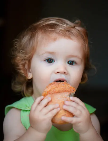 Baby Bread Cute Toddler Child Eating Sandwich Self Feeding Concept — Stock Photo, Image