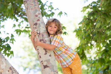 Çocuk ağacın dalına tırmanıyor.