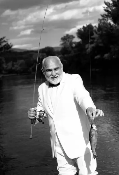 Fisherman Caught Trout Fish Portrait Cheerful Senior Man Fishing Grandfather — Stock Photo, Image