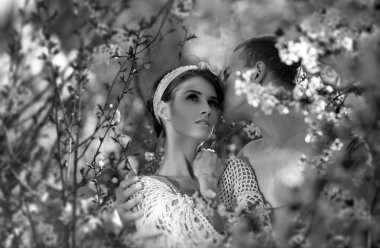 Bahar Doğası. Balayı bahar aşk hikayesi. Şehvetli bir çift. Kiraz ağacı.