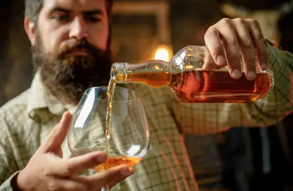 Degustation Tasting Man Beard Holds Glass Brandy — Stock Photo, Image