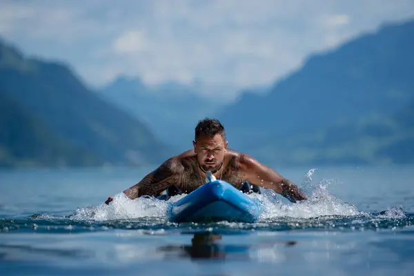 Sexy Man Paddle Board Man Paddling Paddleboard Muscular Strong Hispanic — Stock Photo, Image