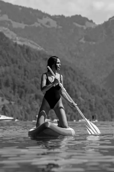 Woman Summer Alps Lake Sexy Young Woman Paddling Paddle Board — Stock Photo, Image