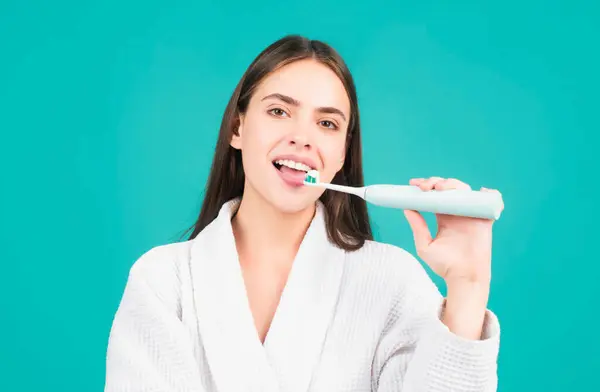 Young Cheerful Woman Brushing Teeth Toothbrush Morning Hygiene Procedures Isolated — Stock Photo, Image