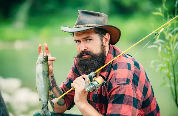 Bearded Fisher Male Hobby Successful Fly Fishing Fisher Masculine Hobby — Stock Photo, Image