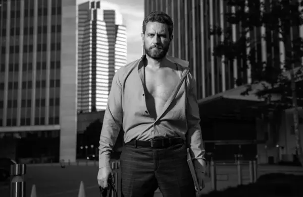 Caucasian Business Man Suit Open Shirt Comes Out Office Concept — Stock Photo, Image