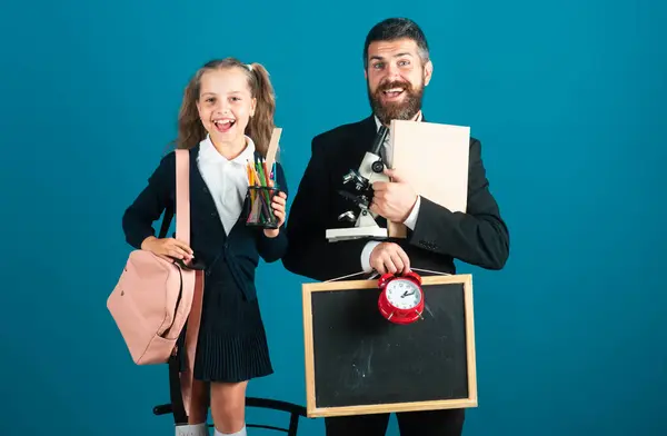 Father Leading His Pupil Daughter School Portrait Modern Family Dad — Stock Photo, Image