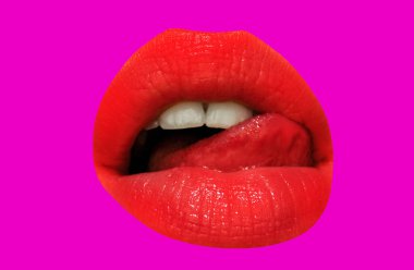 Isolated lip, sensual lips. Mouth, sexy tongue licking lips. Beautiful tongue lick red lip. Sexy lips, tongue out. Close up beautiful mouth, isolated woman lip