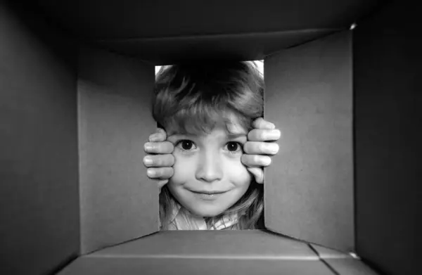 Child Open Paper Cardboard Box Kid Boy Unpacking Opening Carton — Fotografia de Stock