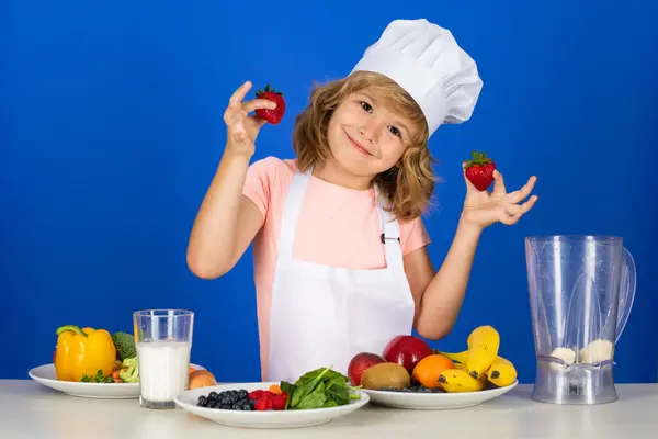 Child Chef Hold Strawberries Isolated Blue Funny Little Kid Chef — Stock Photo, Image