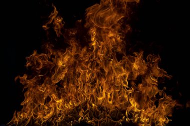 Siyah arka planda ateş dokusu. Soyut yangın arka planı, büyük yanan ateş