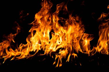 Yangın alevleri siyah arka planda izole edildi. Ateş yakma alevi izole, yanan sanat tasarımı kavramı ve metin için boşluk