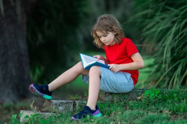 Parkta kitap okuyan şirin bir çocuk. Çocuk çime oturup kitap okuyor. Çocuk bahçede faiz kitabı okuyor. Yaz eğlencesi. Çocuk kitabı okuyan sevimli çocuk.