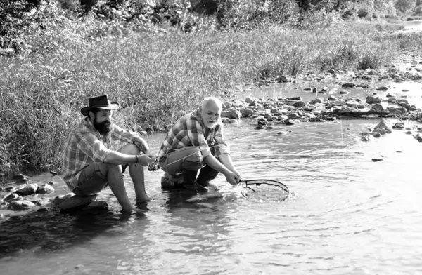 Fisherman Men Friends Trophy Trout Father Son Fishing Generations Men — Stock Photo, Image