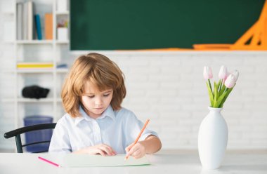 School kid writing in copybook and sitting at table in classroom. First grade