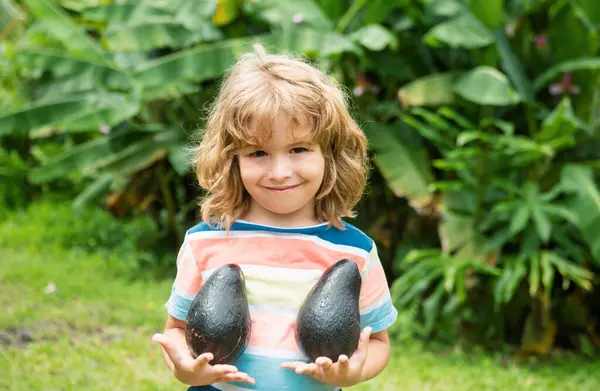 Crianças Bonito Criança Menino Sorriso Segurando Frutas Abacate — Fotografia de Stock