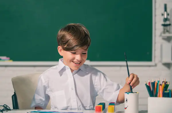 Child Boy Drawing Cute Draw Using Colored Pencils School Kindergarten — Foto de Stock