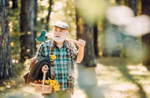 Bearded Man Relax Forest Smiling Old Forester Axe Flowers Happy — Stock Photo, Image