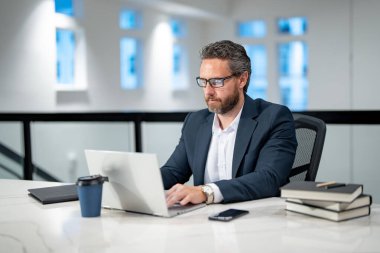 Ofis işyeri. Ofiste dizüstü bilgisayarla çalışan yakışıklı bir iş adamı. Klavyede daktilo yazan iş adamı, online iş toplantısı. Ofiste çalışan bir iş adamı. Bilgisayarı kullanan bir ofis çalışanı